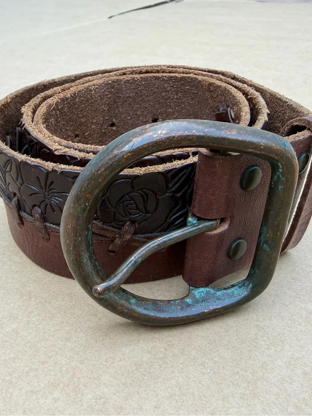 Vintage Y2K Abercrombie & Fitch Genuine Leather Wide Belt Floral Boho Size M